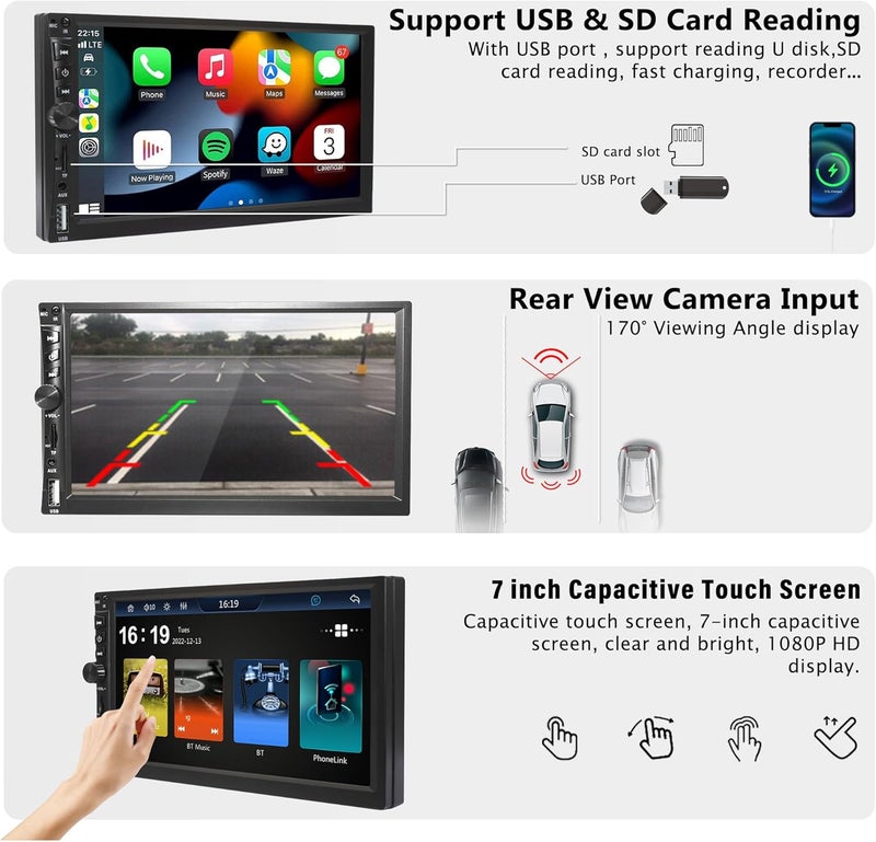 Emeito Upgrade Wireless 7" Double Din Car Stereo with Apple CarPlay Android Auto 178 * 102mm,Touchscreen Car Play Radio for Car,Screen for Bluetooth 5.0, Weatherproof Backup Camera,FM,AUX,Card Slot,USB,SWC - Image 5